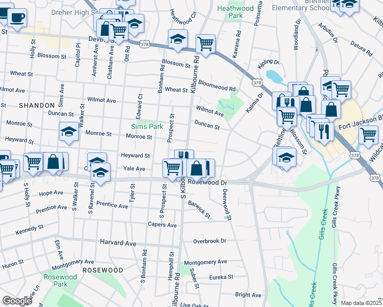 map of restaurants, bars, coffee shops, grocery stores, and more near 3802 Heyward Street in Columbia