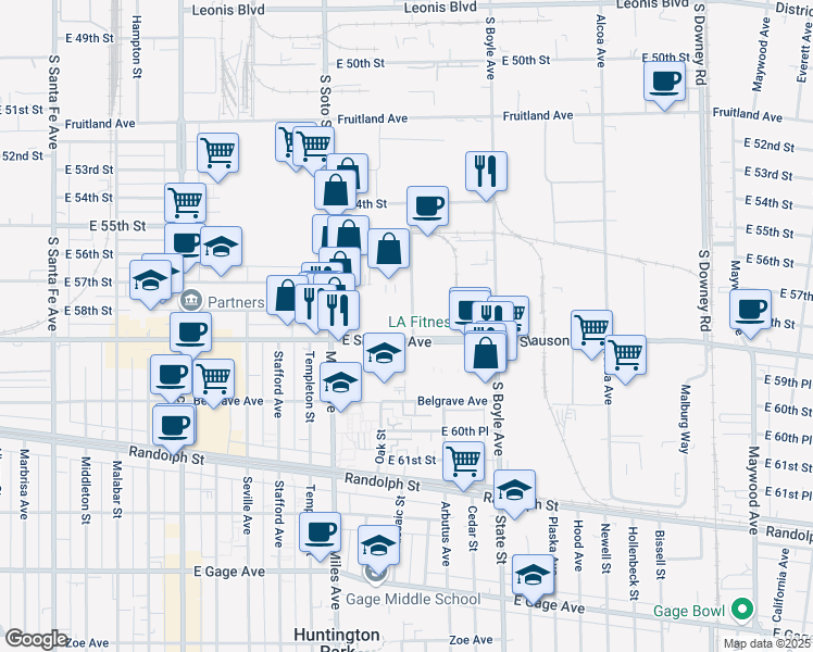 map of restaurants, bars, coffee shops, grocery stores, and more near 5795 Bickett Street in Huntington Park