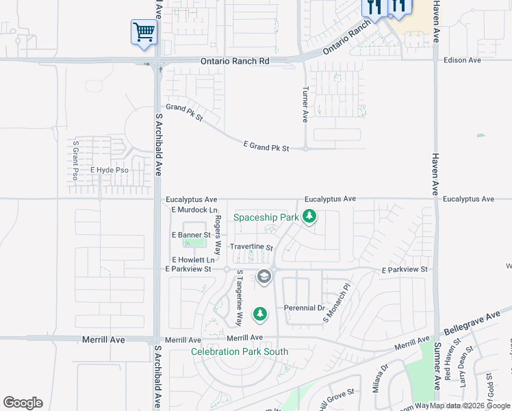 map of restaurants, bars, coffee shops, grocery stores, and more near 3011 East Silver Sky Drive in Ontario