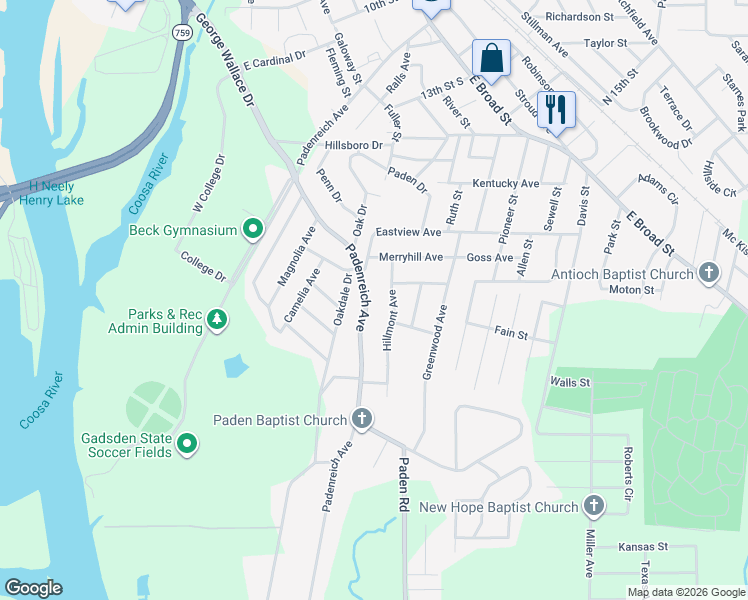 map of restaurants, bars, coffee shops, grocery stores, and more near 608 Padenreich Avenue in Gadsden