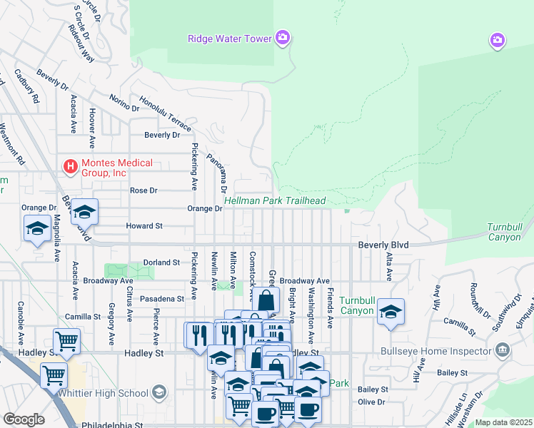 map of restaurants, bars, coffee shops, grocery stores, and more near 5807 Greenleaf Avenue in Whittier