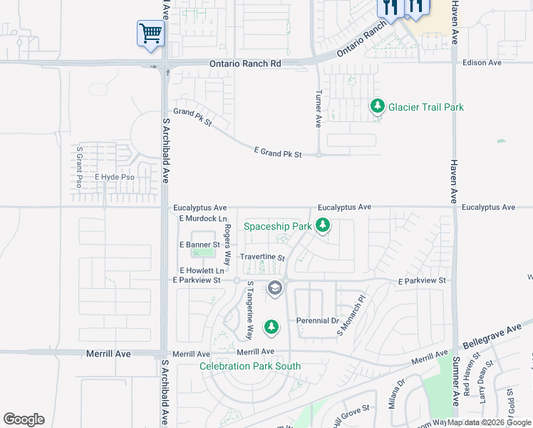 map of restaurants, bars, coffee shops, grocery stores, and more near 3011 East Silver Sky Drive in Ontario