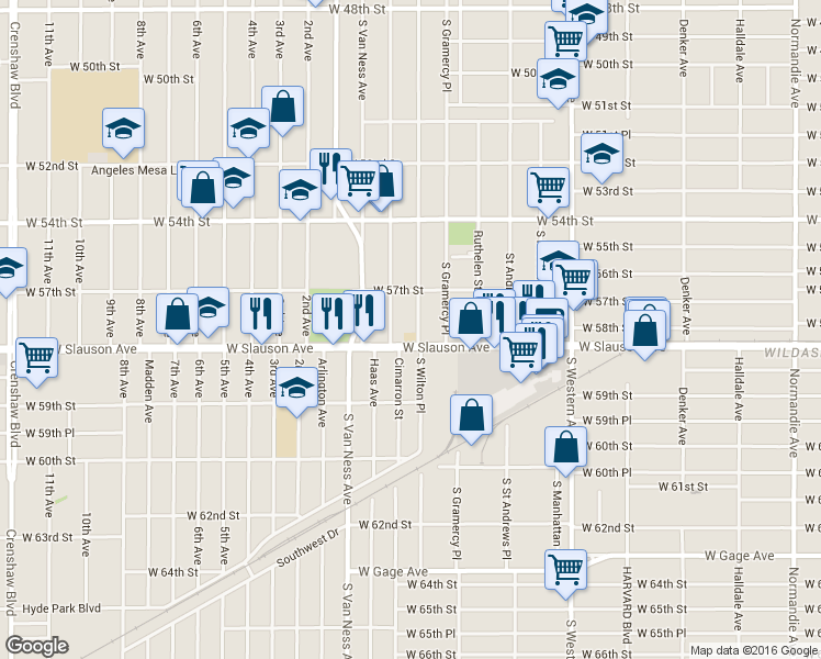 map of restaurants, bars, coffee shops, grocery stores, and more near 5743 South Wilton Place in Los Angeles