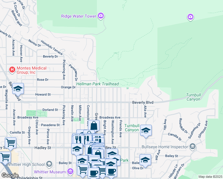 map of restaurants, bars, coffee shops, grocery stores, and more near 5807 Washington Avenue in Whittier