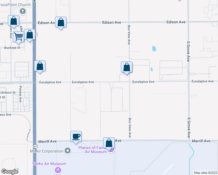map of restaurants, bars, coffee shops, grocery stores, and more near 7565 Eucalyptus Avenue in Ontario
