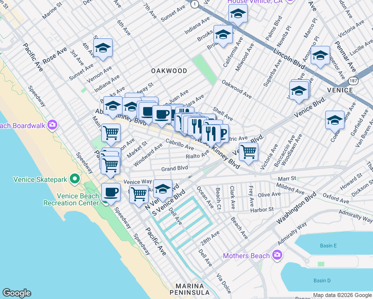 map of restaurants, bars, coffee shops, grocery stores, and more near 542 Altair Place in Los Angeles