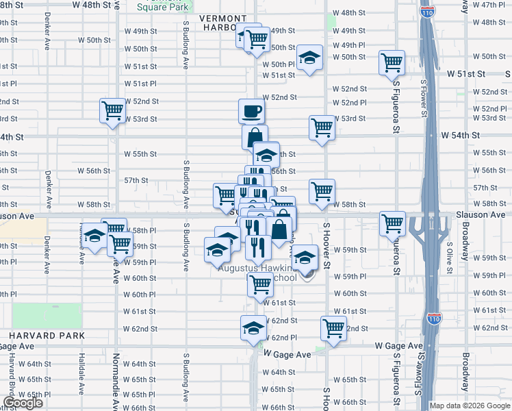 map of restaurants, bars, coffee shops, grocery stores, and more near West 58th Street in Los Angeles