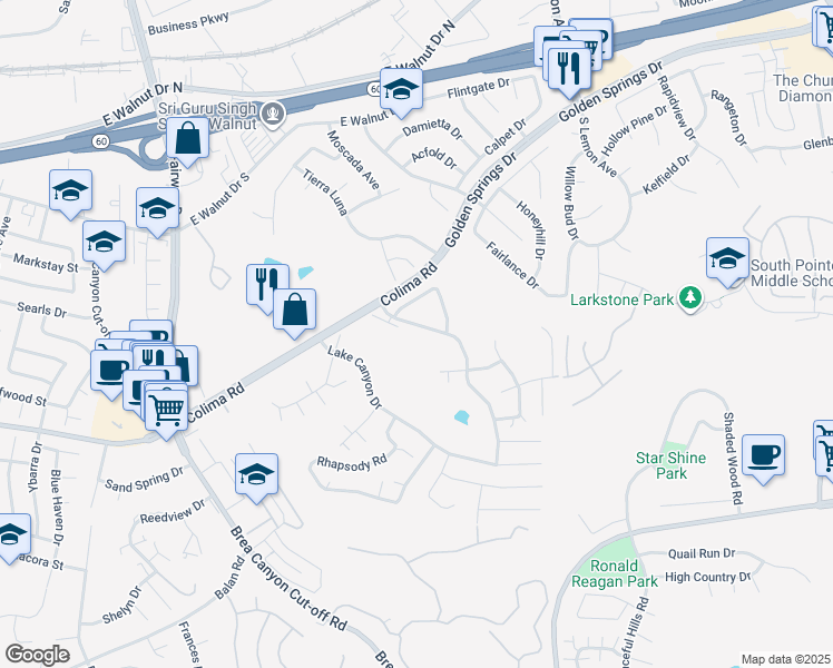 map of restaurants, bars, coffee shops, grocery stores, and more near 1551 Walnut Leaf Drive in Walnut
