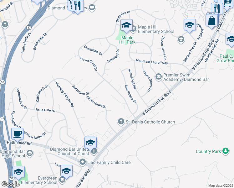 map of restaurants, bars, coffee shops, grocery stores, and more near 1805 Kiowa Crest Drive in Diamond Bar