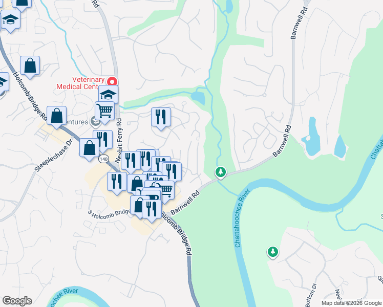 map of restaurants, bars, coffee shops, grocery stores, and more near 421 Hawkstone Way in Johns Creek