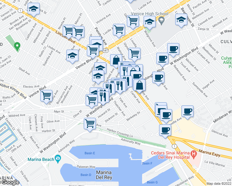 map of restaurants, bars, coffee shops, grocery stores, and more near 1054 Harrison Avenue in Los Angeles