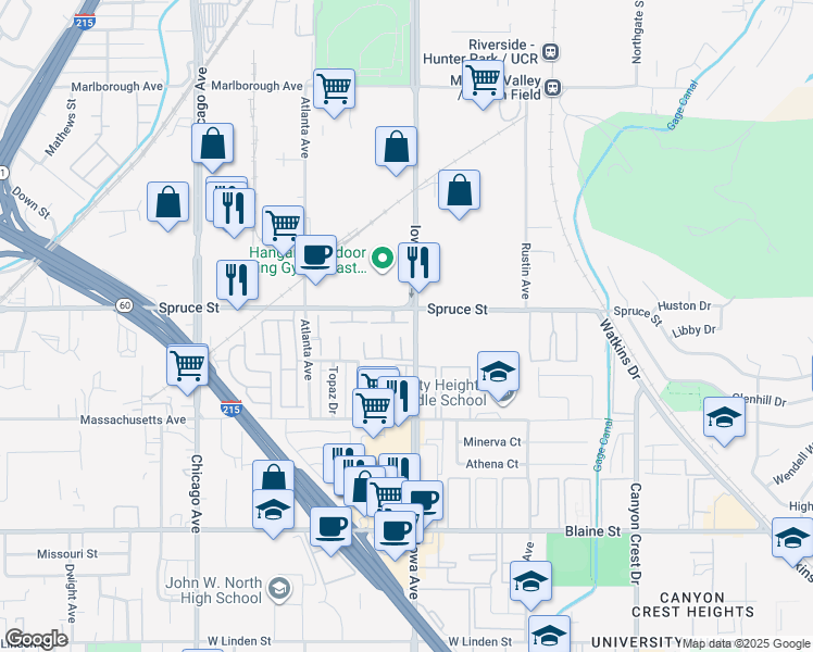 map of restaurants, bars, coffee shops, grocery stores, and more near 1307 Wheaton Way in Riverside