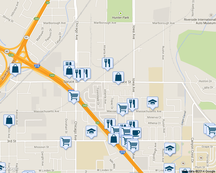 map of restaurants, bars, coffee shops, grocery stores, and more near 2320 Gonzaga Lane in Riverside
