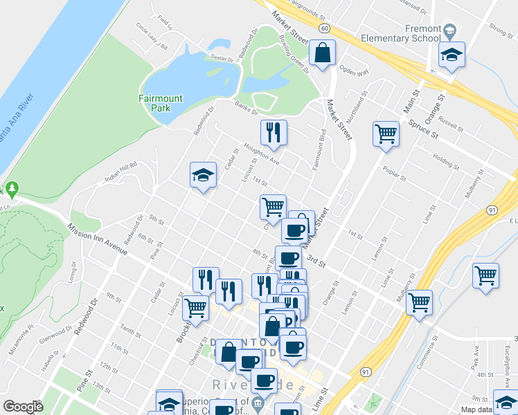 map of restaurants, bars, coffee shops, grocery stores, and more near 3188 Brockton Avenue in Riverside