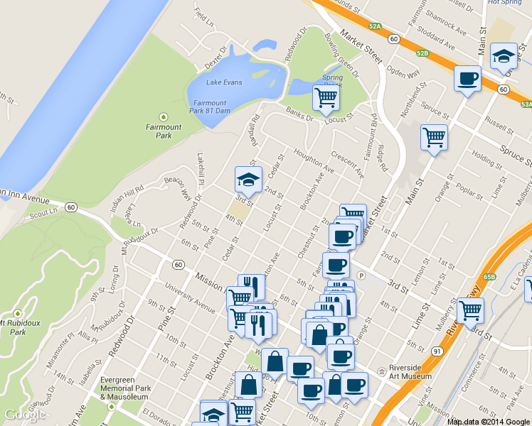 map of restaurants, bars, coffee shops, grocery stores, and more near 3290 Cedar Street in Riverside