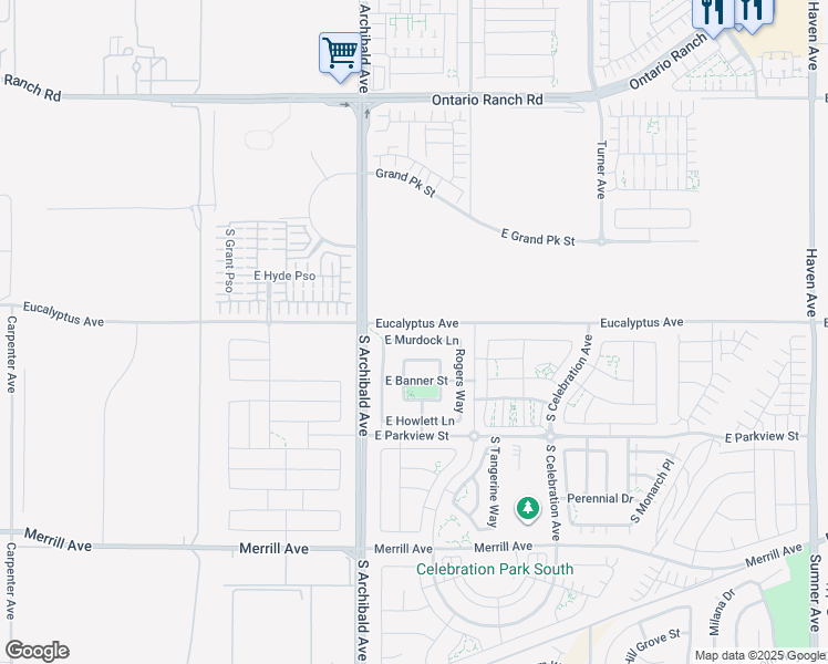 map of restaurants, bars, coffee shops, grocery stores, and more near 9711 Eucalyptus Avenue in Ontario
