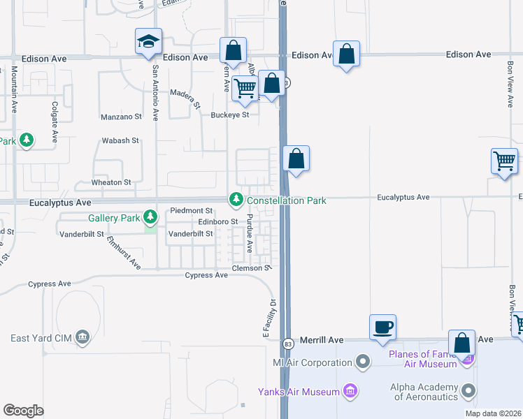 map of restaurants, bars, coffee shops, grocery stores, and more near 14511 Purdue Avenue in Chino