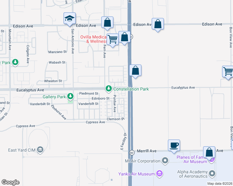 map of restaurants, bars, coffee shops, grocery stores, and more near 14511 Purdue Avenue in Chino