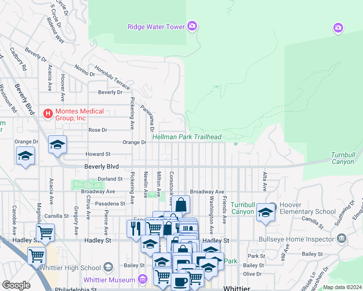 map of restaurants, bars, coffee shops, grocery stores, and more near 12913 Orange Drive in Whittier