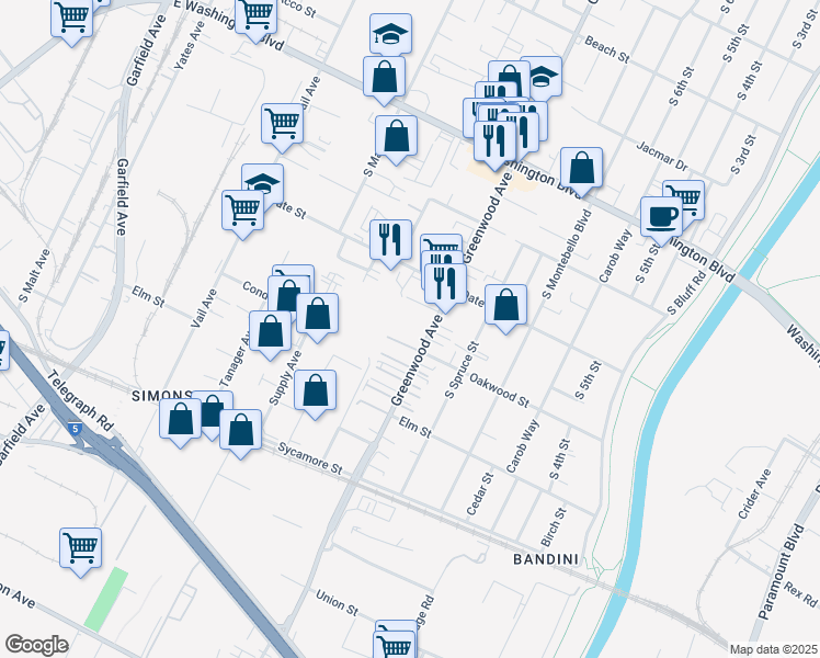 map of restaurants, bars, coffee shops, grocery stores, and more near 1237 South Greenwood Avenue in Montebello