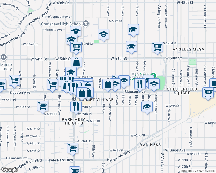 map of restaurants, bars, coffee shops, grocery stores, and more near 5731 8th Avenue in Los Angeles