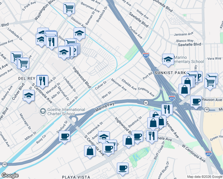 map of restaurants, bars, coffee shops, grocery stores, and more near 11901 Weir Street in Culver City