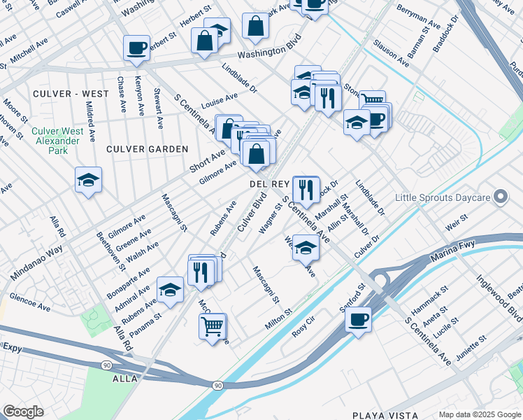 map of restaurants, bars, coffee shops, grocery stores, and more near 12445 Culver Boulevard in Los Angeles