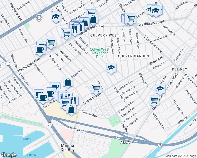 map of restaurants, bars, coffee shops, grocery stores, and more near 4315 Lyceum Avenue in Los Angeles