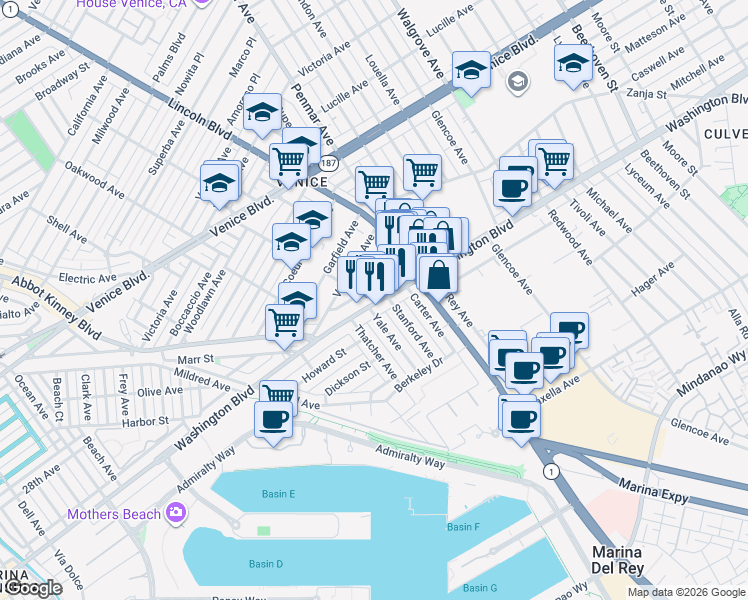 map of restaurants, bars, coffee shops, grocery stores, and more near 3206 Washington Boulevard in Marina del Rey