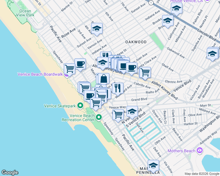 map of restaurants, bars, coffee shops, grocery stores, and more near 216 San Juan Avenue in Los Angeles