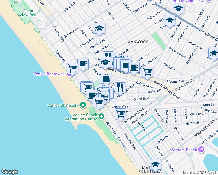 map of restaurants, bars, coffee shops, grocery stores, and more near 216 San Juan Avenue in Los Angeles