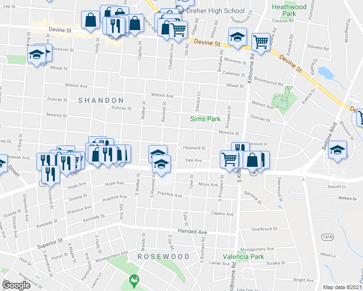 map of restaurants, bars, coffee shops, grocery stores, and more near 104 Ott Road in Columbia