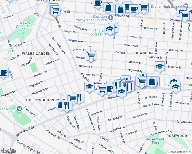 map of restaurants, bars, coffee shops, grocery stores, and more near 2514 Burney Drive in Columbia
