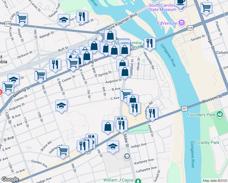 map of restaurants, bars, coffee shops, grocery stores, and more near 403 B Avenue in West Columbia