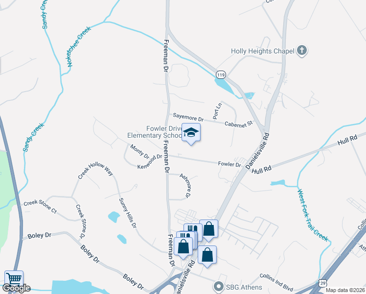 map of restaurants, bars, coffee shops, grocery stores, and more near 400 Fowler Drive in Athens