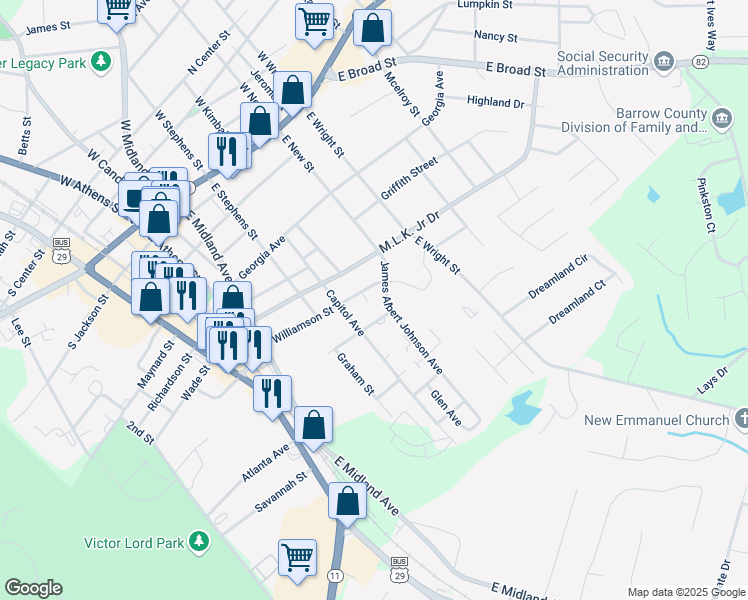 map of restaurants, bars, coffee shops, grocery stores, and more near 152 Glen Circle in Winder