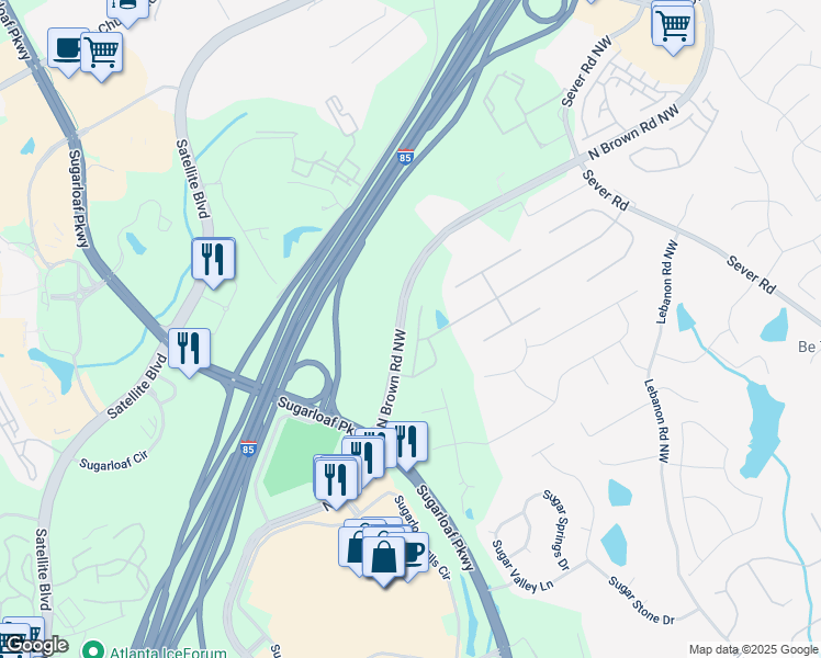 map of restaurants, bars, coffee shops, grocery stores, and more near 2222 Haventree Court in Lawrenceville