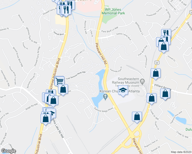 map of restaurants, bars, coffee shops, grocery stores, and more near 3475 Pleasant Hill Road in Duluth