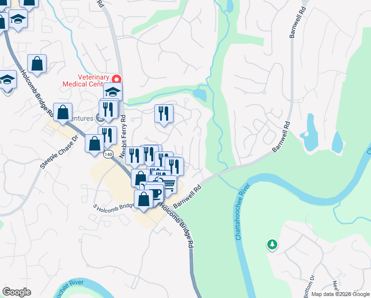 map of restaurants, bars, coffee shops, grocery stores, and more near 1116 Sandy Lane Drive in Alpharetta