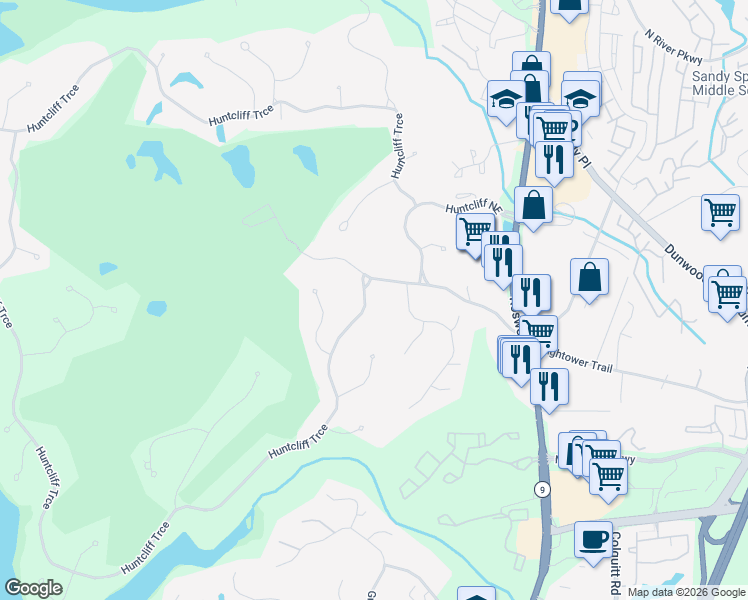 map of restaurants, bars, coffee shops, grocery stores, and more near 9985 Huntcliff Trace in Atlanta