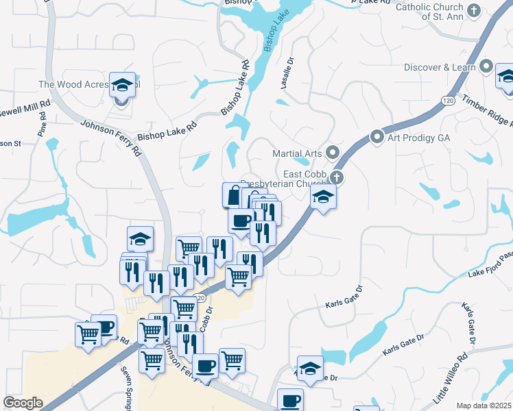 map of restaurants, bars, coffee shops, grocery stores, and more near 1745 Kinsmon Cove in Marietta