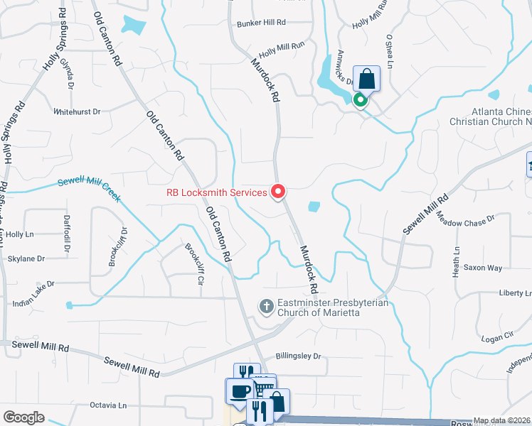map of restaurants, bars, coffee shops, grocery stores, and more near 3165 Inman Park Court in Marietta