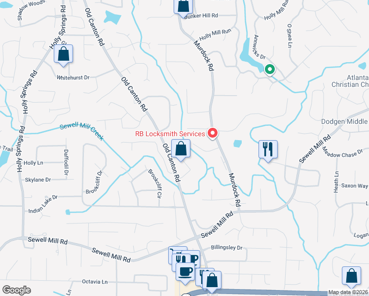 map of restaurants, bars, coffee shops, grocery stores, and more near 3024 Manning Drive in Marietta