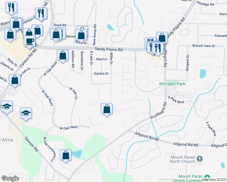 map of restaurants, bars, coffee shops, grocery stores, and more near 1608 Willie Drive in Marietta