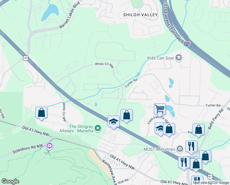 map of restaurants, bars, coffee shops, grocery stores, and more near 509 Water Birch Way in Marietta