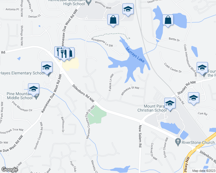 map of restaurants, bars, coffee shops, grocery stores, and more near 1427 Falkirk Lane Northwest in Kennesaw