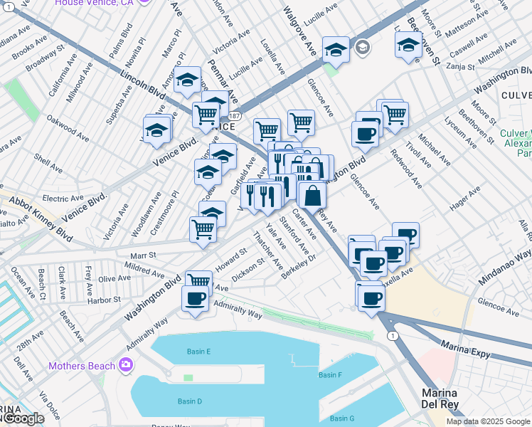 map of restaurants, bars, coffee shops, grocery stores, and more near 3112 Washington Boulevard in Los Angeles