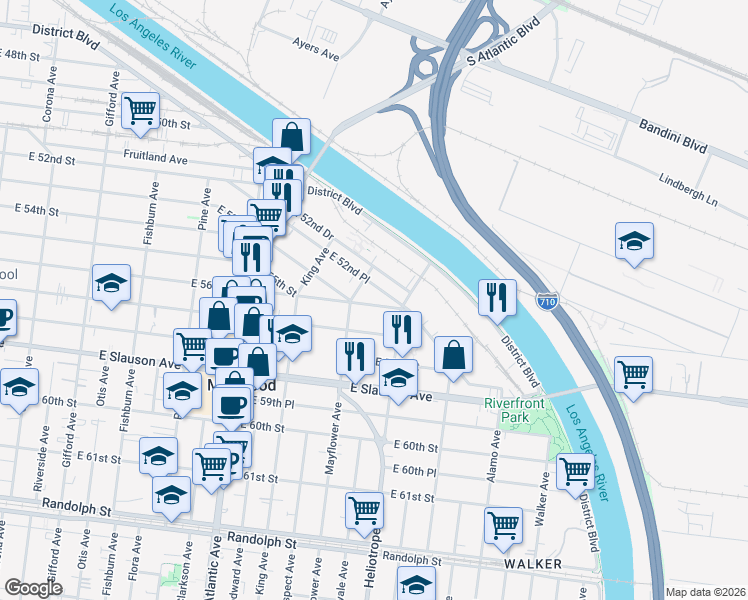 map of restaurants, bars, coffee shops, grocery stores, and more near 4731 East 52nd Place in Maywood