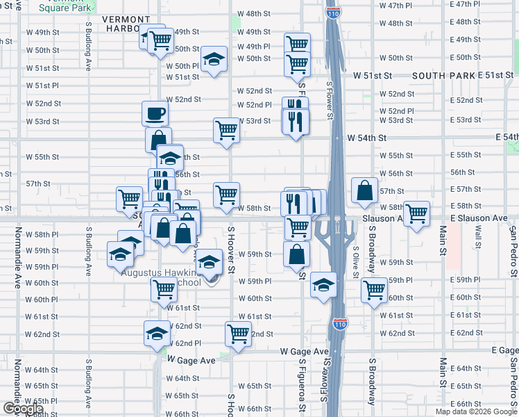map of restaurants, bars, coffee shops, grocery stores, and more near 639 West 58th Street in Los Angeles