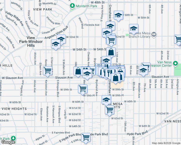 map of restaurants, bars, coffee shops, grocery stores, and more near 5729 Brynhurst Avenue in Los Angeles